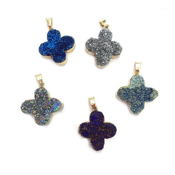 

charm natural four petal flower-shaped agates pendants making for jewelry necklace accessories for women size 26x26mm1, Bronze;silver