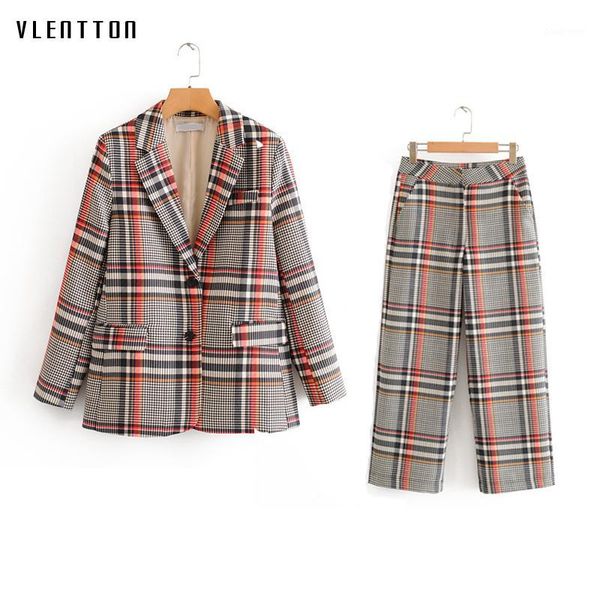 

2020 spring autumn vintage plaid women's pants suit single breasted blazer jacket +zipper trousers office lady two piece set1, White