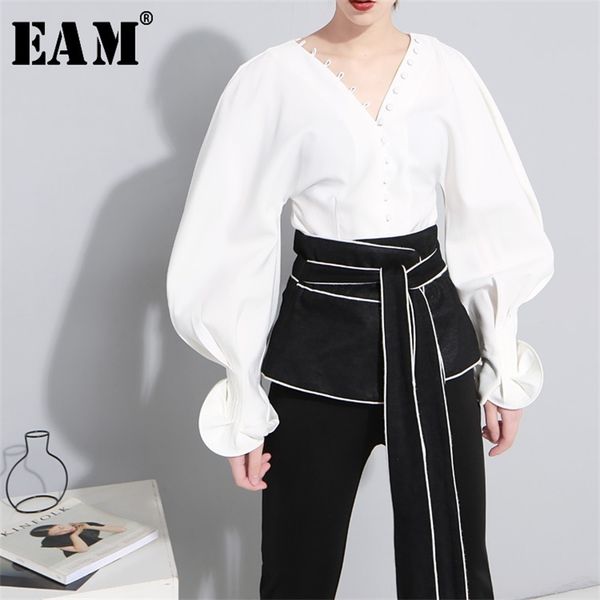 

[eam] women white lantern sleeve ruffles blouse new v-colllar sleeve loose fit shirt fashion tide spring autumn ji005 201126