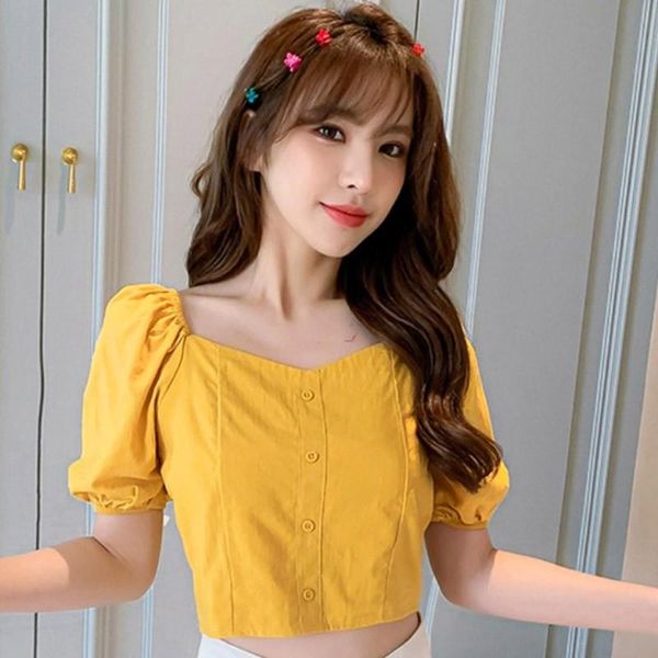 

summer vintage puff sleeve solid color square neck shirt korean style elegant slim short and blouse, White