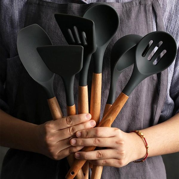 

wooden handle sile spatula heat resistant soup spoon non stick cooking shovel kitchen cooking utensils 8 styles h jllxyj
