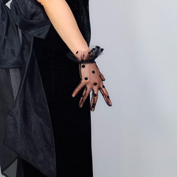 

five fingers gloves tulle lace semi sheer mesh 25cm short black ruffle hem elastic cuffs big dots women evening touch screen wws14, Blue;gray