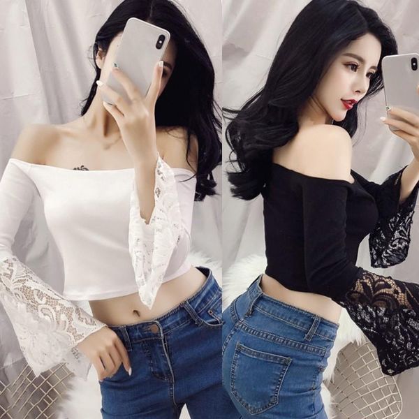 

2021 new spring korean style retro solid color lace stitching short style one-piece neck t-shirt, White