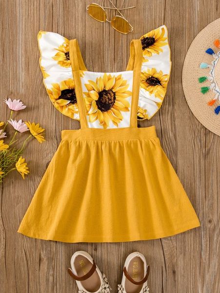 

toddler girls floral print ruffle trim overall dress she01, Red;yellow