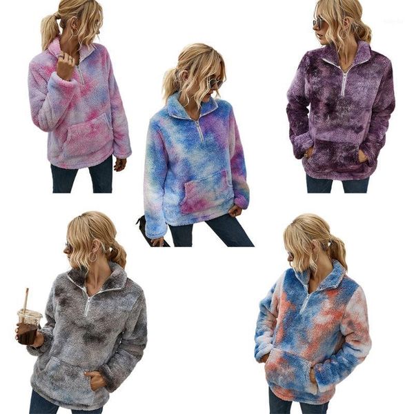

2020 women winter tie-dye long sleeve sweatshirt warm fuzzy faux fleece loose pullover lapel half zip up streetwear1, Black