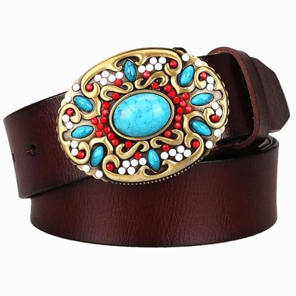 

fashion women's genuine leather belt mosaic gem turquoise belts metal buckle arabesque pattern retro woman decorative belt gift, Black;brown