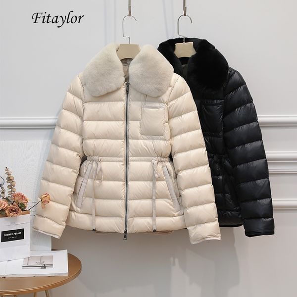 

winter ultra light 90% duck down jacket women large natural rabbit's hair white duck down parka sash tie up warm coats y201026, Black
