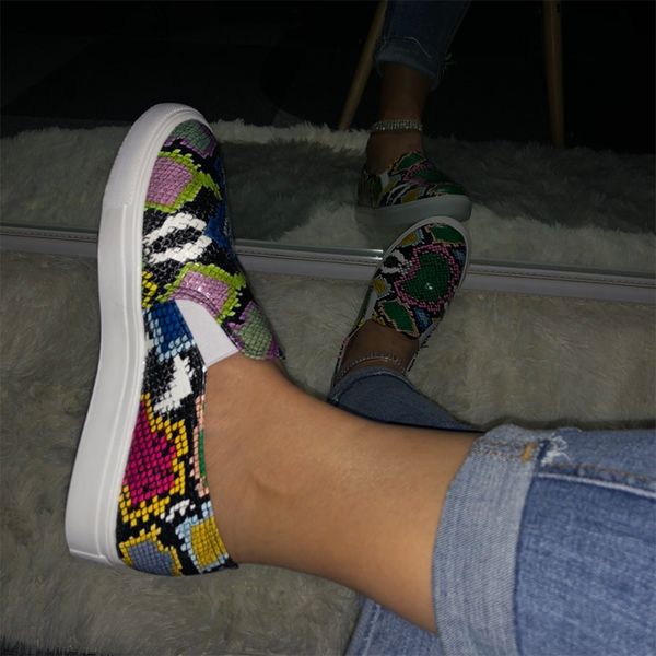 

женская pu змейки печати кожа кроссовки женские туфли mix color поскользнуться на плоских обувь женщины плюс размер платформы casual прогулк, Black