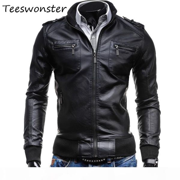 

wholesale- motorcycle jacket mens slim fit leather jacket clothing 2017 spring new fashion new korean mens slim leather, Black