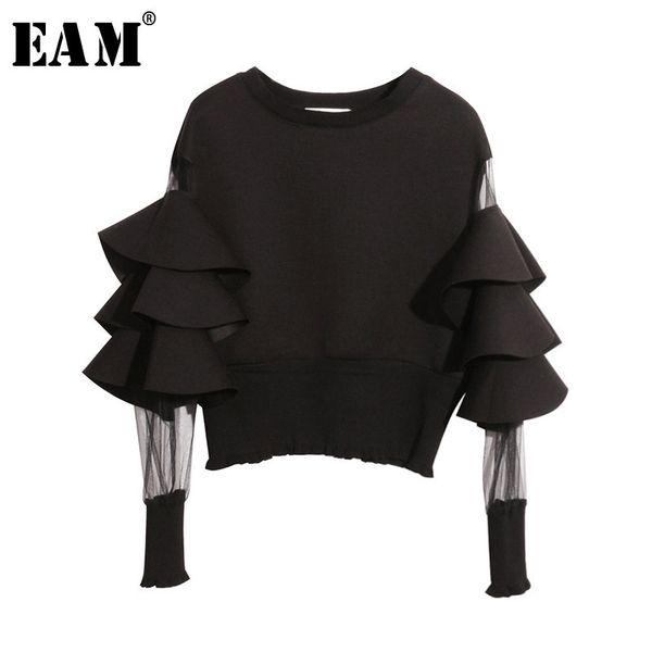 

eam] 2020 new spring round neck long sleeve solid color gauze split joint loose sweatshirt women fashion tide jc509 y1109, Black