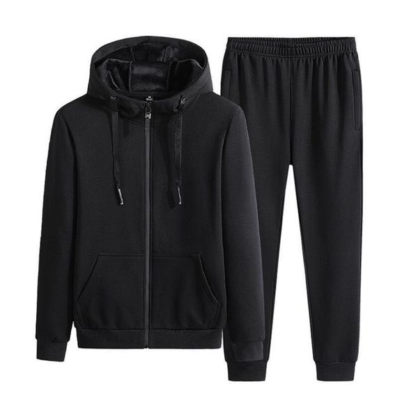 

2021 winter men sets new mens warm cottn fleece sportswear hooded tracksuit jacket+pants thick velvet suit ral2, Gray