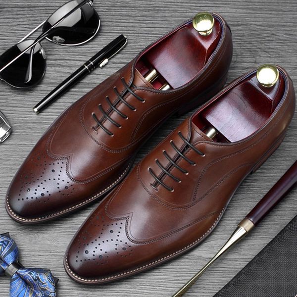 

vintage man formal dress party shoes genuine leather wedding brogue oxfords british men's round toe wingtip designer flats ss460, Black