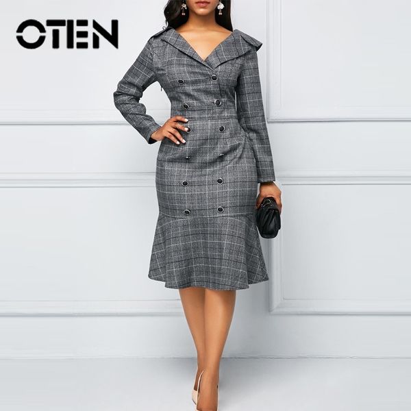 

oten women dresses office wear ladies pencil ruffle plus size autumn new plaid double button v-neck long sleeves midi polo y200805, Black;pink