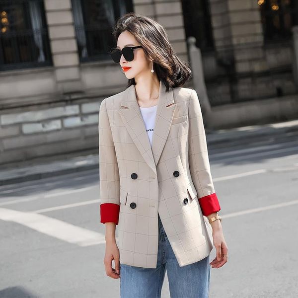 

black plaid suit coat polyester double breasted regular blazers coat long-sleeve notched collar, White;black