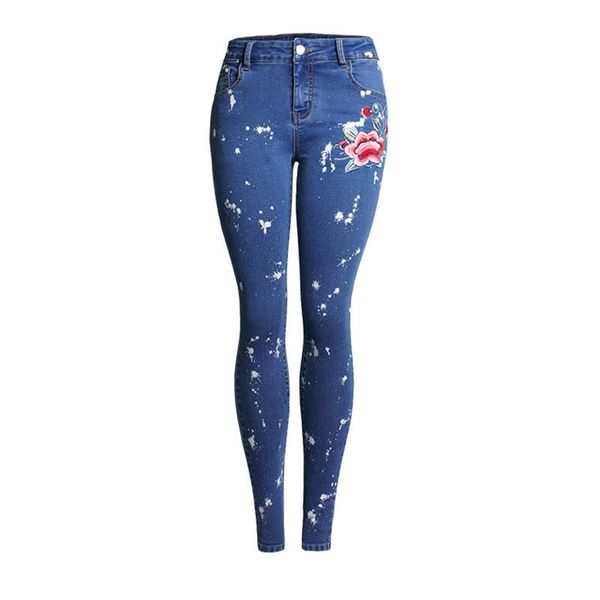 

plus size floral dirty jeans with embroidery flower women stretchy denim pants trousers skinny mujer vaqueros s-4xl kg-260, Blue