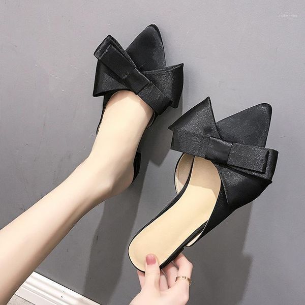 

2020spring and summer shoes for women korean silk satin pointy bow tie slippers baotou flat heel sets semi slippers c1111, Black