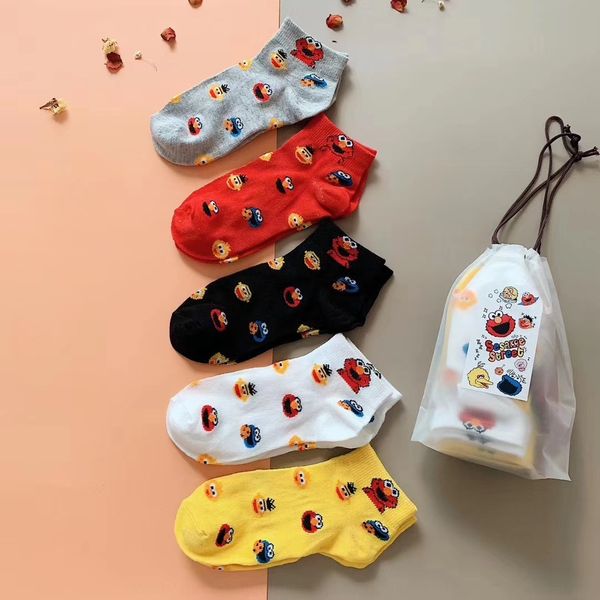 

sesame street joint socks cotton boat socksweek student sports cute cartoon men and women cotton boat 5 pairs of socks s2dly, Black