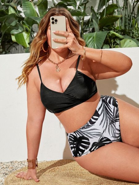 

plus tropical print high waisted bikini swimsuit m0ad#, Black
