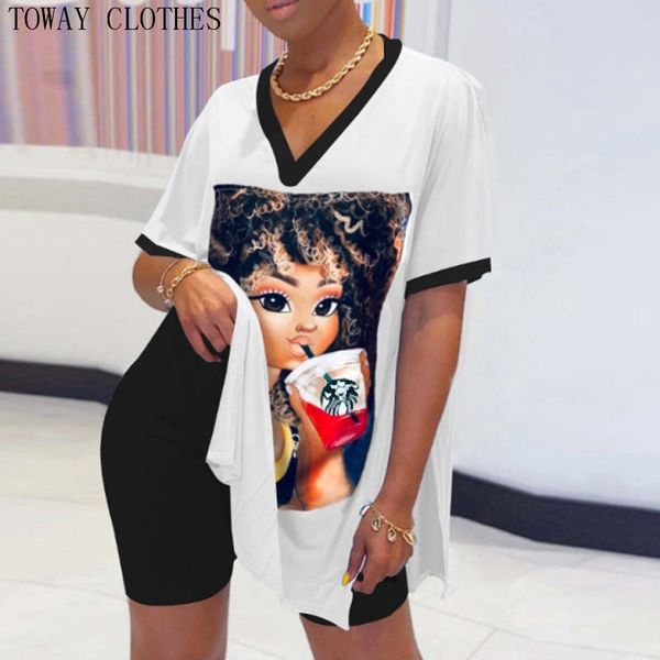 

fashion print batwing sleeve & short set homewear loungewear two pieces sets tracksuits loose side split t-shirt shorts x0923, Gray