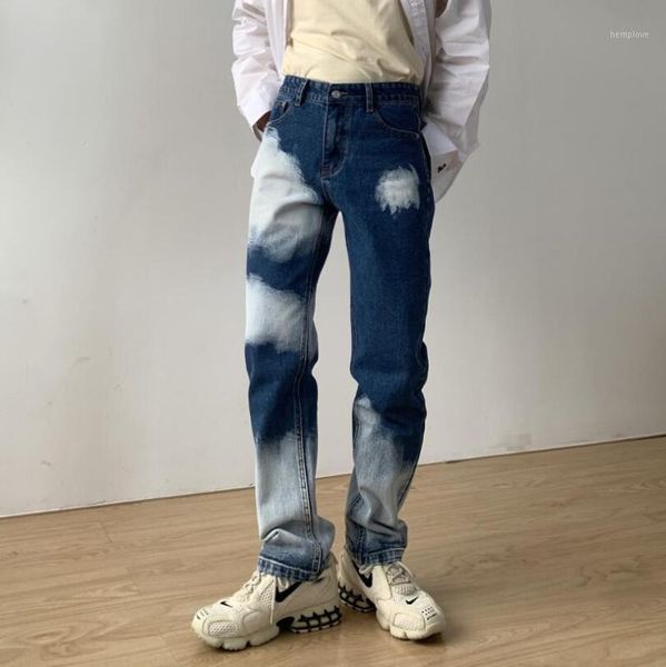 

tie-dye straight jeans men 2020 autumn loose hip hop street casusl denim trousers man korea japan style denim pants w11771, Blue