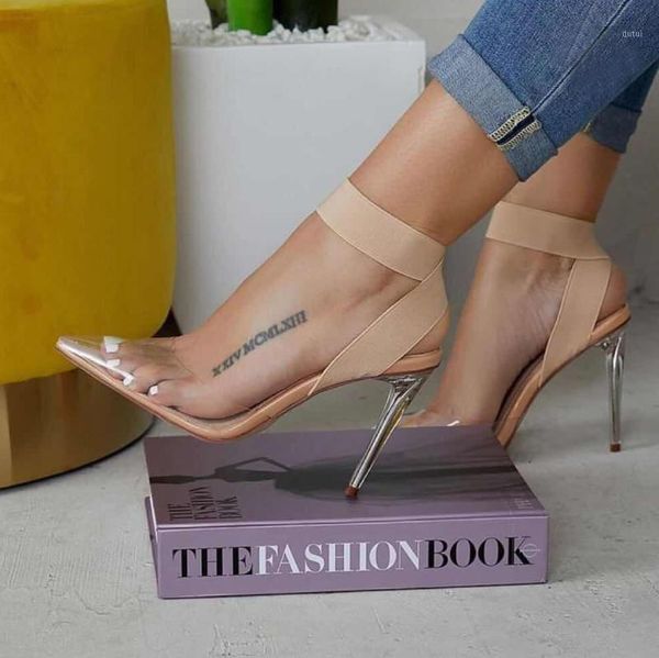 

2020 summer pvc women sandals transparent clear glass thin high heels pointed toe slip-on dress lady shoes apricot size 421, Black