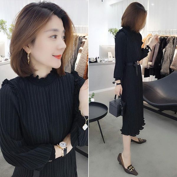 

bobowaltz korean temperament black medium length waist long sleeve dress european station autumn women's dress 2020, Black;gray