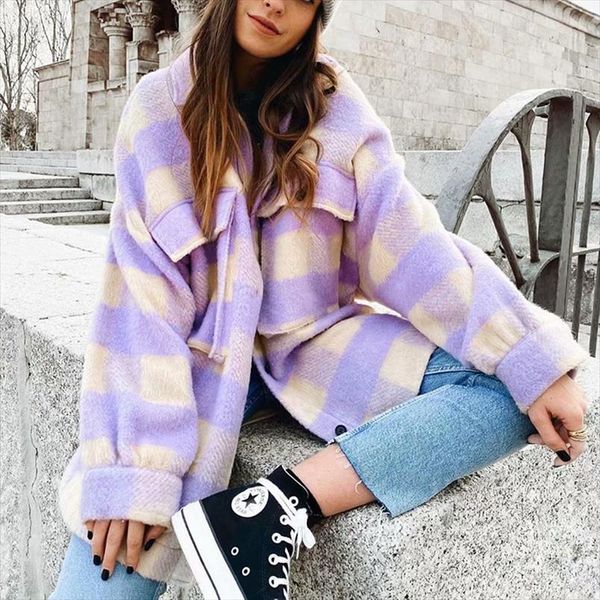 

fashion women purple plaid woolen shirts 2020 elegant ladies oversize long shirt vintage female stylish thick blouses girls chic, White