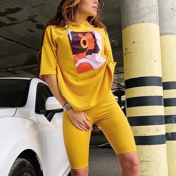 

2021 new outono 2 pea conjunto feminino impresso capuz t camisa definir esporte wear leggings shorts agasalho moda casa solto outfits sjuz, Gray