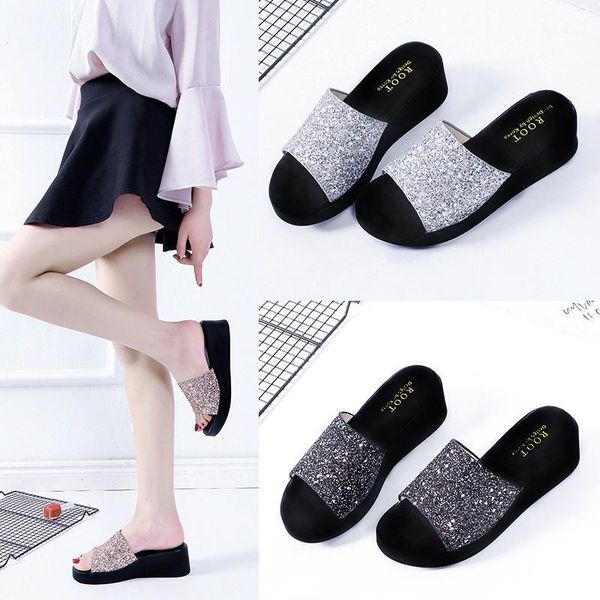 

2020 summer platform slippers women's fashion platform bottom all-match beach a- line slippers1, Black;red