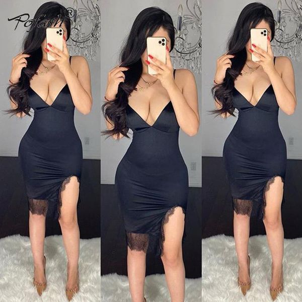 

pofash satin lace dress women summer deep v midi bodycon dress spaghetti strap high split navy blue club party dresses1, Black;gray