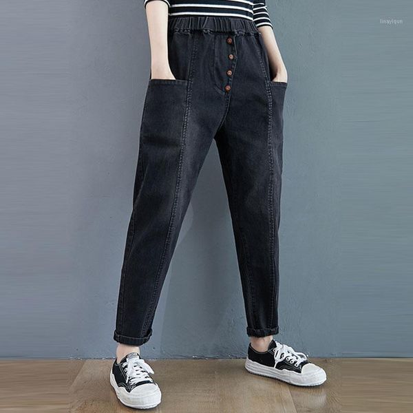 

2021 autumn winter women elastic waist loose casual black jeans double pocket cotton elastic denim harem pants plus size s61, Blue