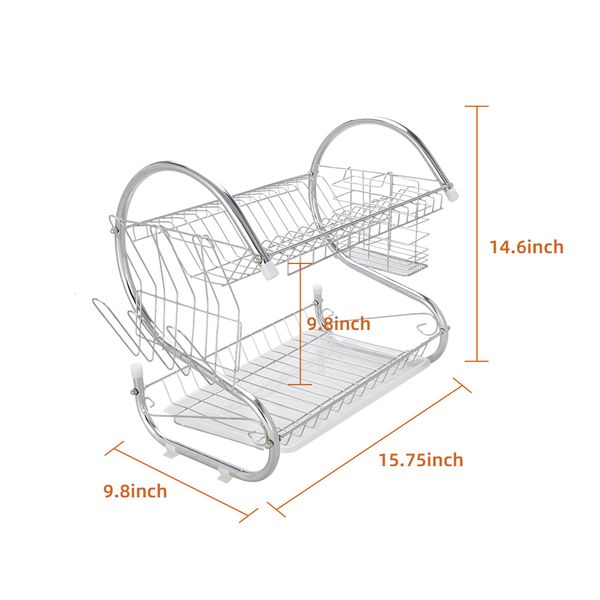 

new multifunctional dual layers bowls & dishes & chopsticks & spoons collection shelf dish drainer stainless steel kitchen storage silver