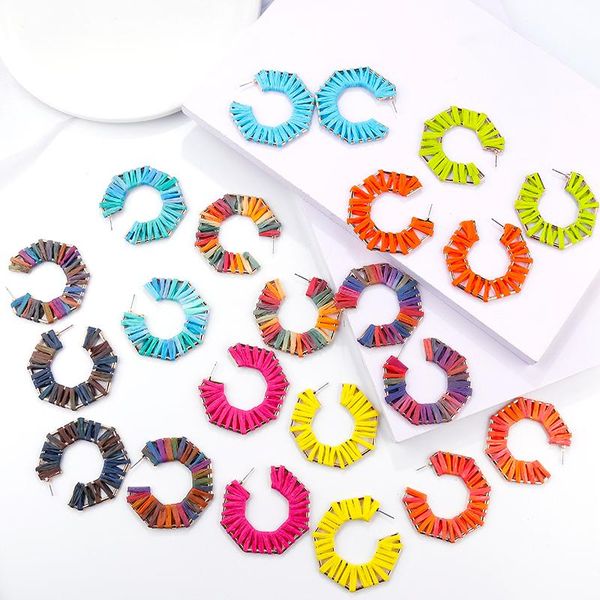 

aensoa colorful raffia earrings for women c shape boho handmade ethnic wedding lafite round geometric statement drop earring, Silver