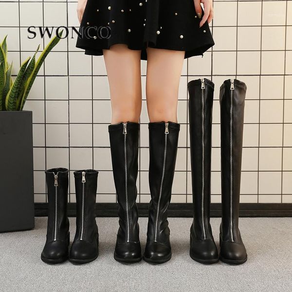 

swonco punk shoes women fashin front zipper british boots chaussure femme tall boots women 2020 winter fur riding1, Black