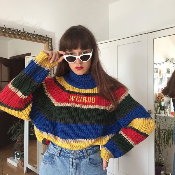 

2021 new rainbow stripe women's blouses fashion strange letter embroidered turtleneck loose mesh sweater high street short utdf, White;black