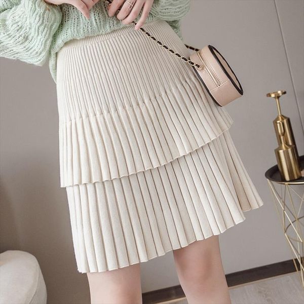 

2020 new autumn winter short knitted skirt women high waist double layer pleated mini skirts female hip package faldas mujer, Black