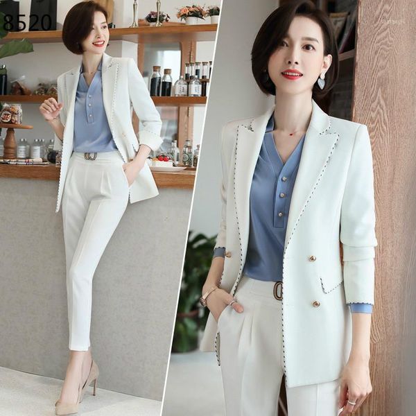 

fashion women business pant suit uniform formal work pant suits 2 piece set office ladies long sleeve formal blazer pants set1, White