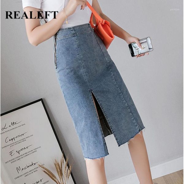 

realeft 2020 new denim sheath wrap skirts spring summer high waist pencil midi skirt side split zipper chic skirts womens1, Black