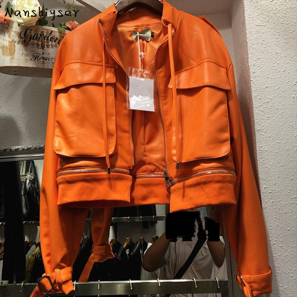 

streetwear осень new chic большой карман short orange съемные подол zipper сращивание поддельный pu кожаная куртка женская куртка мотоцикла, Black