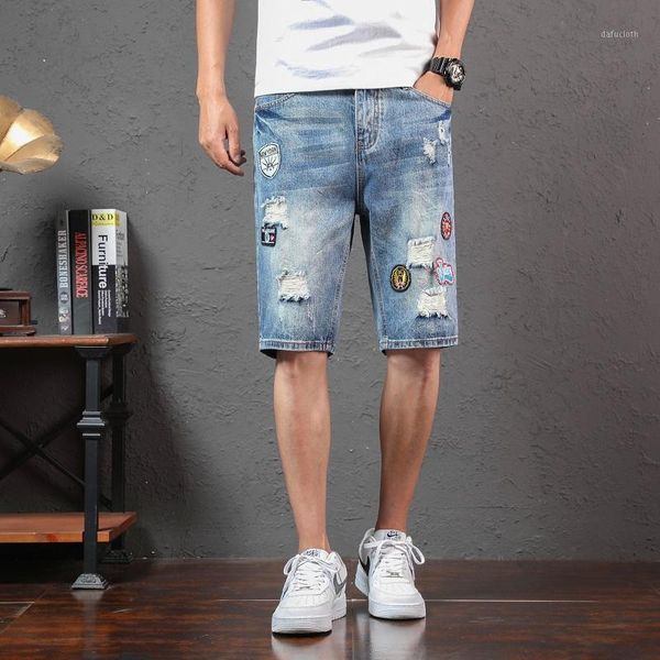 

new summer men blue demin shorts holes short jeans good quality men straight slim fit jean shorts knee length casual denim jeans1