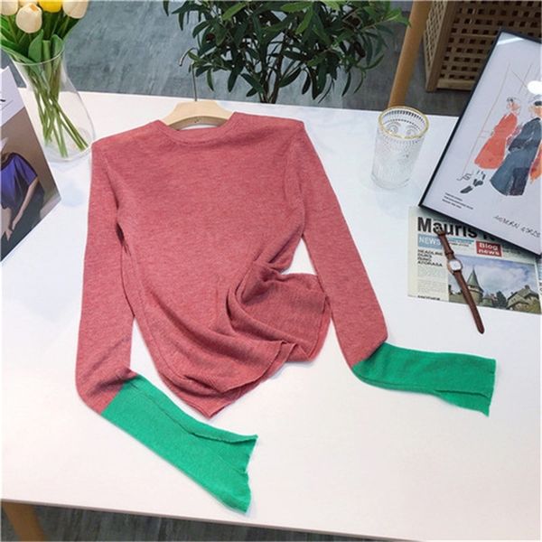

2021 new spring new product niche round neck contrast color split long-sleeved knitted bottoming shirt slim thin sweater fvfe, White;black
