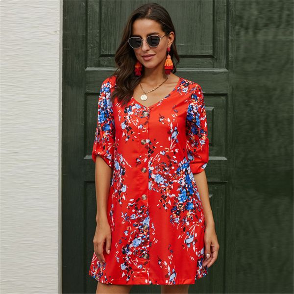 

2021 new nova cintura alta trs quartos mangas decote em v camisa de nico breasted solto vestido estampado feminino t44p, Black;gray