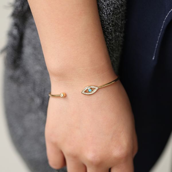 

gold color round shape lucky evil eyes turkish hamsa hand open bangle&bracelet bezel blue stone cz women jewelry dropshipping, Golden;silver