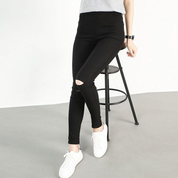 

women's jeans summer black hole thin section cropped pants stretch pencil knee, Blue