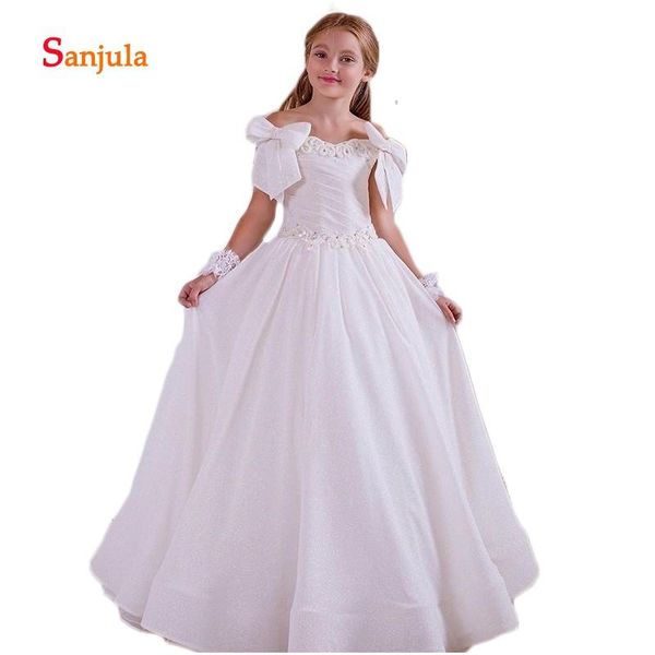 

boat neck off the shoulder white flower girls dresses puffy a-line satin communion dress pleats beaded bow birthday party d326, Red;yellow