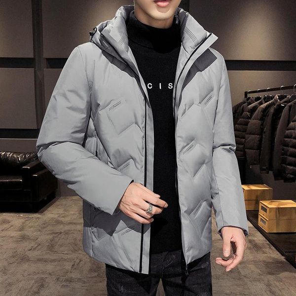 

men leisure brief paragraph 2020 winter down jacket coat youth fashion hooded winter coats to keep warm white duck down, Black