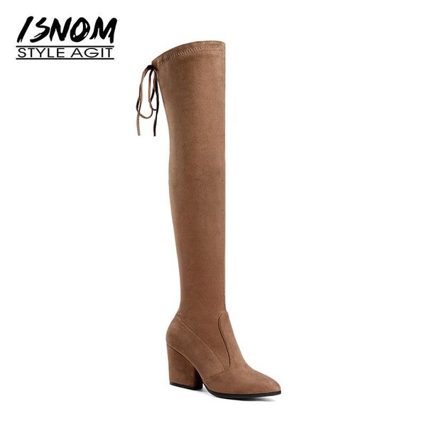

isnom 2020 тенденции моды женщины stretch высокие сапоги толстые высокие каблуки леди зимняя обувь женский lace over knee загрузки большого, Black