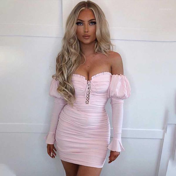 

hollow out pink party dress women off the shoulder puff sleeve fashion strap zipper ruched outfit short bodycon dress1, Black;gray