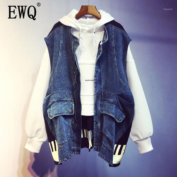 

ewq] 2020 spring autumn new high street patchwork wild round collar slim fashion with pockets women's denim vest jacket tx6091, Black;white