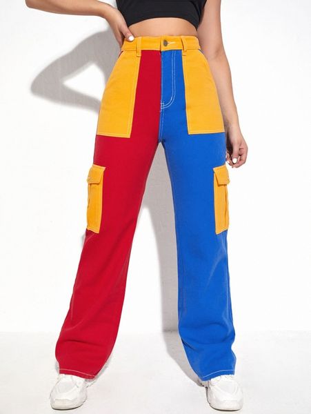 

high waisted colorblock flap pocket cargo jeans 83hb#, Blue